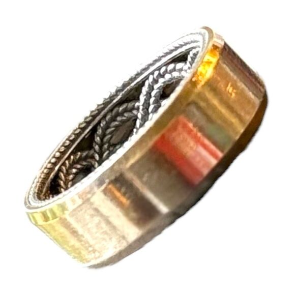 14K Solid White & Yellow Gold ArtCarved Designer Men’s Wedding Band Intricate Br - Picture 10 of 13